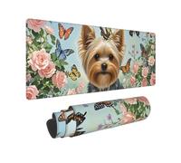 Grand tapis de souris de jeu 30,5 x 80 cm, XXL étendu avec bords cousus, antidérapant, long tapis de bureau pour clavier, Yorkshire Terrier, goûter, papillons, roses, pour clavier, maison, bureau, jeu