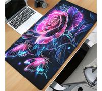 Grand Tapis de Souris de Jeu 700x300x3 mm Mouse Pad Gaming Rose Papillon Rose Tapis de Bureau Antidérapant avec Bords Cousus pour Bureau, Études, Gamer