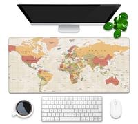 Grand Tapis de Souris de Jeu avec Base antidérapante et Bords Cousus, Motif Carte du Monde Vintage, Jaune, 89,9 x 40 cm, pour la Maison, Le Bureau, Le Travail