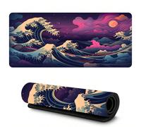 Grand tapis de souris de jeu avec vague japonaise - Base en caoutchouc antidérapante et lavable, avec un design vibrant de la Grande Vague d'Kanagawa en bleu et rouge. Idéal pour les joueurs et les pr
