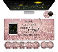 Grand tapis de souris de jeu rose, avec bords cousus, base antidérapante, repose-poignet ergonomique pour clavier, sous-main imperméable et sous-main de bureau Philippiens 4:13, verset de la Bible