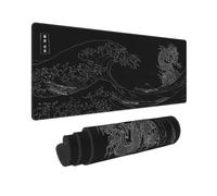 Grand tapis de souris de jeu XL avec motif manga japonais, dragon et vague de mer, noir et blanc, pour ordinateur portable, bureau, bords cousus en caoutchouc antidérapant, 80 x 30 cm
