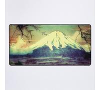 Grand Tapis de Souris Gaming pour Bureau À Hama, nous avons prié l'Esprit de la Montagne - Paysage Naturel Ukiyoe de Montagne d'Arbre d'Hiver en Vert, Bleu et Orange 75x40cm Antidérapante Clav