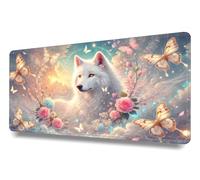 Grand Tapis De Souris Gaming XXL 800x300x3mm - Gamer Mouse Pad avec Coutures sur Les Bords - Haute précision et Vitesse - Accessoire Bureau - Base antidérapante - Loup Blanc et Fleurs