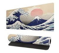 Grand tapis de souris japonais motif vagues de mer - Sous-main abstrait bleu de 80 x 30 cm, texture fraîche, base en caoutchouc antidérapant, avec bords cousus pour bureau, maison et jeux vidéo