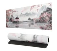Grand tapis de souris japonais pour bureau complet, base en caoutchouc antidérapant, imperméable avec bords cousus pour jeux et bureau - Motif paysage du Japon - Blanc - 80 x 30 cm