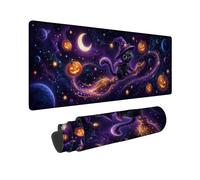 Grand tapis de souris motif chat sorcière galaxie noir Halloween 30,5 x | Chapeau de magicien, tapis de clavier, balai volant, galaxie étoilée, citrouilles flottantes, planètes célestes
