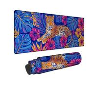 Grand tapis de souris motif léopard, hibiscus tropical, feuilles tropicales, bleu d'été, en caoutchouc lisse, accessoires de bureau, maison, ordinateur portable, 40,6 x 91,4 cm