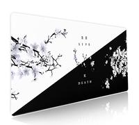 Grand tapis de souris pour gaming avec inscription « Death/Life » motif fleurs de cerisier japonais, dos antidérapant en caoutchouc et bords cousus, noir et blanc, taille XXL, 90 x 40 cm