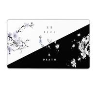Grand tapis de souris pour gaming avec inscription « Death/Life » motif fleurs de cerisier japonais, dos antidérapant en caoutchouc et bords cousus, noir et blanc, taille XL, 60 x 35 cm