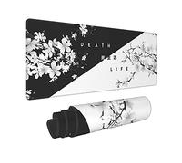 Grand tapis de souris pour gaming avec inscription « Death/Life » motif fleurs de cerisier japonais, dos antidérapant en caoutchouc et bords cousus, noir et blanc, taille XL, 80 x 30 cm