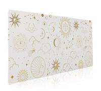 Grand tapis de souris pour gaming motif bohème chic soleil et lune, mystique et magique avec galaxie, étoiles et nuages, avec dos antidérapant en caoutchouc et bords cousus, blanc, taille XXL, 90 x 40