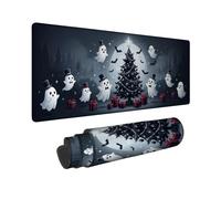 Grand tapis de souris sur le thème fantôme de Noël effrayant 30,5 x 81,3 cm | Chapeau haut-de-forme portant des spectres, sous-main, silhouette de pin, boîtes cadeaux, chauves-souris, fond de forêt