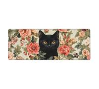 Grand tapis de souris The Black Cat Is Among The Flowers avec base en caoutchouc antidérapant étendue avec bords cousus, pour ordinateur de bureau, ordinateur de bureau, grand tapis de souris 30 x 80