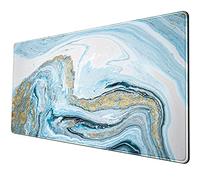 Grand tapis de souris XL, bleu clair marbré, motif encre, doré, accessoires décoratifs de bureau pour femme, 80 x 40 cm, bords cousus, surface lisse et base en caoutchouc antidérapant