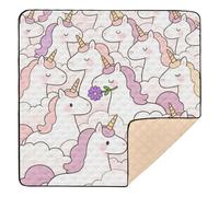 Grand tapis de sport et d'activités pour l'intérieur et l'extérieur - Lavable - Motif licornes de dessin animé - Blanc - 127 x 127 cm