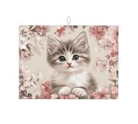 Grand tapis d'égouttage en microfibre réutilisable et lavable pour accessoire de cuisine « The Little Cat is Among The Pink Flowers » (45,7 x 61 cm)