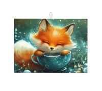 Grand tapis d'égouttage réutilisable et lavable en microfibre motif The Little Fox avec une tasse à thé complète, 45,7 x 61 cm