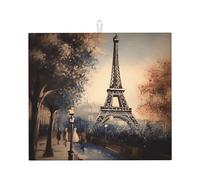 Grand tapis d'égouttoir à vaisselle pour comptoir de cuisine, super absorbant, motif Tour Eiffel romantique, en microfibre, tapis antidérapant pour évier, cafetière, 46 x 41 cm