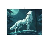 Grand tapis d'égouttoir réutilisable et lavable en microfibre « The Moon is White and There is A Solitary Wolf » - 45,7 x 61 cm