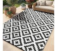 Grand tapis d'extérieur réversible imperméable, résistant aux UV, pliable, facile à nettoyer, pour pique-nique, balcon, plage (noir et blanc, 240 x 300 cm)