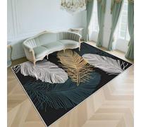 Grand tapis lavable noir - 180 x 280 cm - Motif plumes douces - Pour salon, chambre à coucher, appartement, studio, décoration d'intérieur moderne