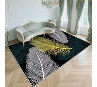 Grand tapis lavable noir 200 x 250 cm motif plumes antidérapant pour chambre à coucher, couloir, balcon, décoration d'intérieur élégante, doux au toucher, facile d'entretien