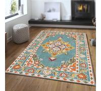 Grand tapis lavable pour salon, chambre à coucher, salle à manger - 185 x 245 cm - Orange jaune floral vert oriental vintage multicolore bleu sarcelle - 185 x 245 cm