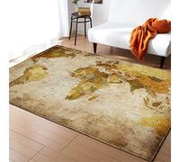 Grand Tapis Rétro Carte du Monde Imprimer Salon Moderne Ado Garçons Chambre Chevet Tapis Chaise D'ordinateur Anti-dérapant Tapis de Sol Enfant Tapis de Jeu Beige Jaune Marron (Couleur 1,160x200 cm)