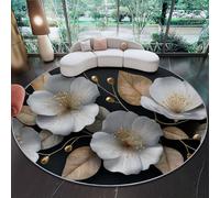 Grand Tapis Rond 120 cm - 3D Luxe Fleurs Feuilles Design, Blanc Or Poils Courts Doux, Lavable en Machine & Antidérapant, Idéal pour Salon, Chambre d'enfant et Grand Séjour