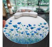 Grand Tapis Rond 120 cm - Aquarelle Champ de Fleurs Minimaliste Lignes Design, Bleu Vert Poils Courts Doux, Lavable en Machine & Antidérapant, Idéal pour Salon, Chambre d'enfant et Grand Séjour