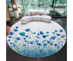 Grand Tapis Rond 120 cm - Aquarelle Champ de Fleurs Minimaliste Lignes Design, Bleu Vert Poils Courts Doux, Lavable en Machine & Antidérapant, Idéal pour Salon, Chambre d'enfant et Grand Séjour