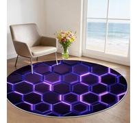 Grand Tapis Rond 120 cm - Art numérique nid d'abeille néon Abstrait Design, Violet Poils Courts Doux, Lavable en Machine & Antidérapant, Idéal pour Salon, Chambre d'enfant et Grand Séjour