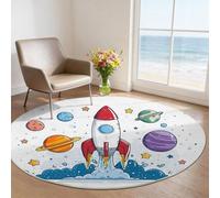Grand Tapis Rond 120 cm - Dessins animés fusées planètes Ciel étoilé Design, Coloré Poils Courts Doux, Lavable en Machine & Antidérapant, Idéal pour Salon, Chambre d'enfant et Grand Séjour