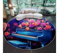 Grand Tapis Rond 120 cm - Onirique Piano Roses Romantique Design, Bleu Poils Courts Doux, Lavable en Machine & Antidérapant, Idéal pour Salon, Chambre d'enfant et Grand Séjour
