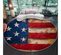 Grand Tapis Rond 120 cm - Rétro Drapeau américain Aspect Vieilli Rayures Design, Rouge Poils Courts Doux, Lavable en Machine & Antidérapant, Idéal pour Salon, Chambre d'enfant et Grand Séjour