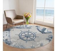 Grand Tapis Rond 120 cm - Rétro Phare Roue de Navire Design, Gris Poils Courts Doux, Lavable en Machine & Antidérapant, Idéal pour Salon, Chambre d'enfant et Grand Séjour