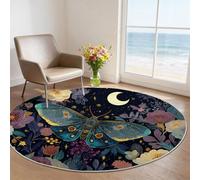 Grand Tapis Rond 120 cm - Style Aquarelle Papillons Fleurs Ciel étoilé Design, Violet Poils Courts Doux, Lavable en Machine & Antidérapant, Idéal pour Salon, Chambre d'enfant et Grand Séjour