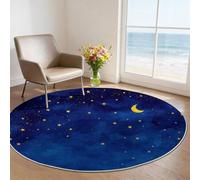 Grand Tapis Rond 140 cm - Ciel étoilé onirique Lune étoiles Design, Bleu Poils Courts Doux, Lavable en Machine & Antidérapant, Idéal pour Salon, Chambre d'enfant et Grand Séjour