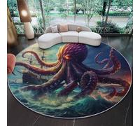 Grand Tapis Rond 140 cm - Fantastique Pieuvre océan crépuscule Design, Bleu Poils Courts Doux, Lavable en Machine & Antidérapant, Idéal pour Salon, Chambre d'enfant et Grand Séjour