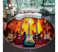 Grand Tapis Rond 140 cm - Rock Guitare électrique Flammes Design, Coloré Poils Courts Doux, Lavable en Machine & Antidérapant, Idéal pour Salon, Chambre d'enfant et Grand Séjour