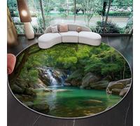 Grand Tapis Rond 160 cm - Nature Jungle Cascade rochers Design, Coloré Poils Courts Doux, Lavable en Machine & Antidérapant, Idéal pour Salon, Chambre d'enfant et Grand Séjour