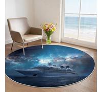 Grand Tapis Rond 80 cm - Bateau de croisière Ciel étoilé Vue Nocturne Design, Bleu Poils Courts Doux, Lavable en Machine & Antidérapant, Idéal pour Salon, Chambre d'enfant et Grand Séjour