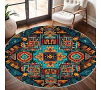 Grand Tapis Rond Lavable 160 cm, GéOméTrie Tribale Indienne À Poils Courts Antidérapant Tapis pour Salon et Chambre, Coloré Tapi Doux Chambre d'enfant Décoration - Entretien Facile