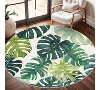 Grand Tapis Rond Lavable 180 cm, Plantes Tropicales à L'Aquarelle À Poils Courts Antidérapant Tapis pour Salon et Chambre, Vert Foncé Tapi Doux Chambre D'enfant Décoration - Entretien Facile