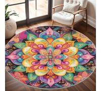 Grand Tapis Rond Lavable 80 cm, Fleur de Mandala PsychéDéLique À Poils Courts Antidérapant Tapis pour Salon et Chambre, Coloré Tapi Doux Chambre d'enfant Décoration - Entretien Facile