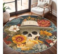 Grand Tapis Rond Lavable 80 cm, Illustration Mexicaine Du Jour Des Morts À Poils Courts Antidérapant Tapis pour Salon et Chambre, Coloré Tapi Doux Chambre D'enfant Décoration - Entretien Facile