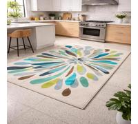 Grand tapis salon abstrait moderne bleu vert gris, Bleu, 150 x 150 cm | Conception fluide, entretien facile, confort doux, pose rapide, décoration chaleureuse