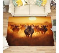 Grand Tapis Salon Chambre Poils Ras Troupeau de Gnous Dans La Prairie Antidérapant Tapis Lavables en Machine Coucher de Soleil Doré à Poils Courts pour Cuisine, Salle à Manger, Bureau, 160x230 cm