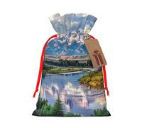 Grand Teton - Sacs de Noël réutilisables avec cordon de serrage imprimés parc national pour fête de Noël, emballage cadeau de Noël, ruban rouge, taille M
